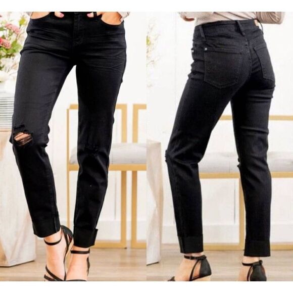 JUDY BLUE Mid Rise Black Denim Distressed Ripped Slim Fit Jeans sz 5/27 - Picture 1 of 4